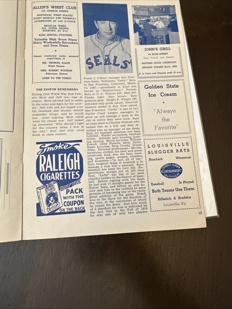 1942 Program Sam Francisco Seals vs Hollywood Stars Scored