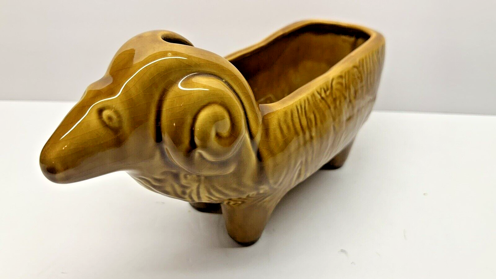 Vintage Glazed Brown Ceramic Pottery Ram Planter 11" Long