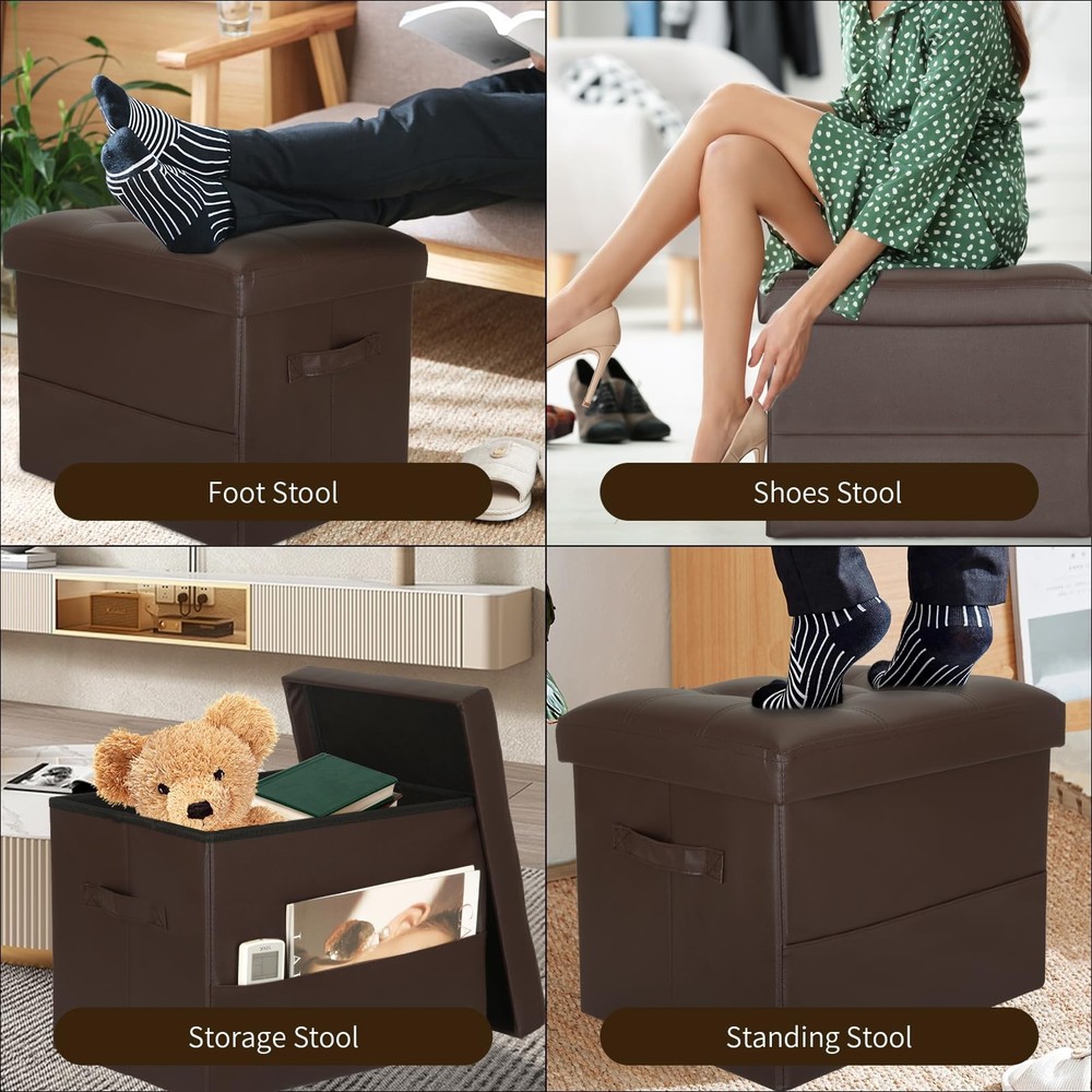 Storage Ottoman Foot Rest Stool, Foldable Leather Footstool Storage Bench with T