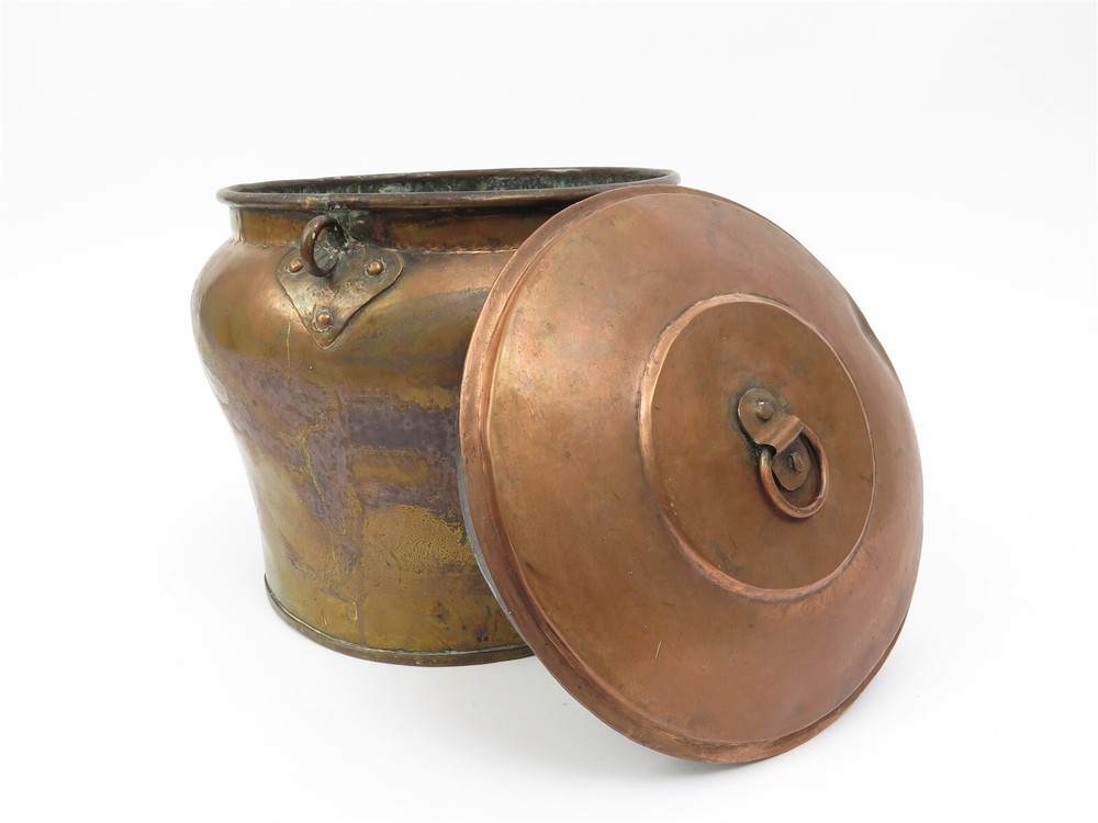 Antique Large Rustic Copper Lidded Cachepot Seed Pot Urn 12" x 11" tall