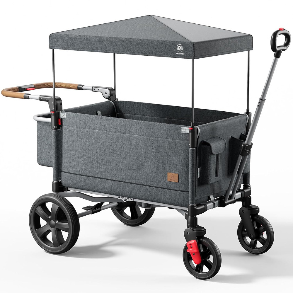 Side-Unzip Wagon Stroller for 2 Kids, Push Pull Stroller with Adjustable Handle,