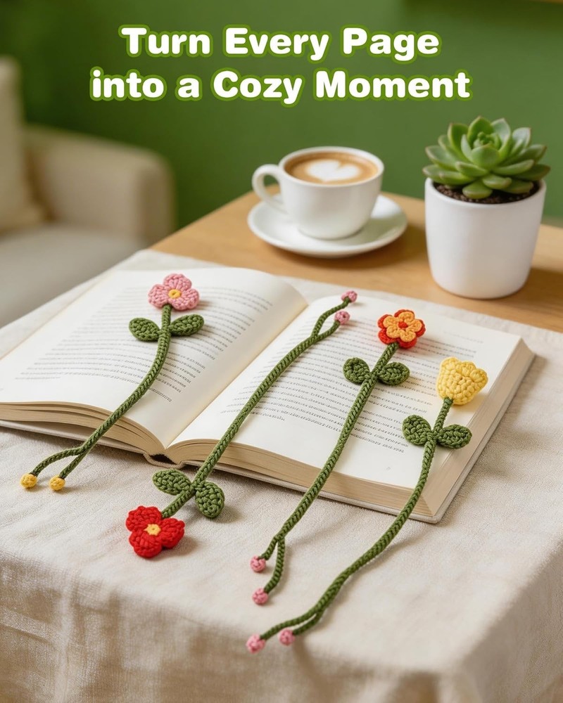 Beginner Crochet Kit: 8 Colorful Flower Bookmarks with Easy Video Tutorials