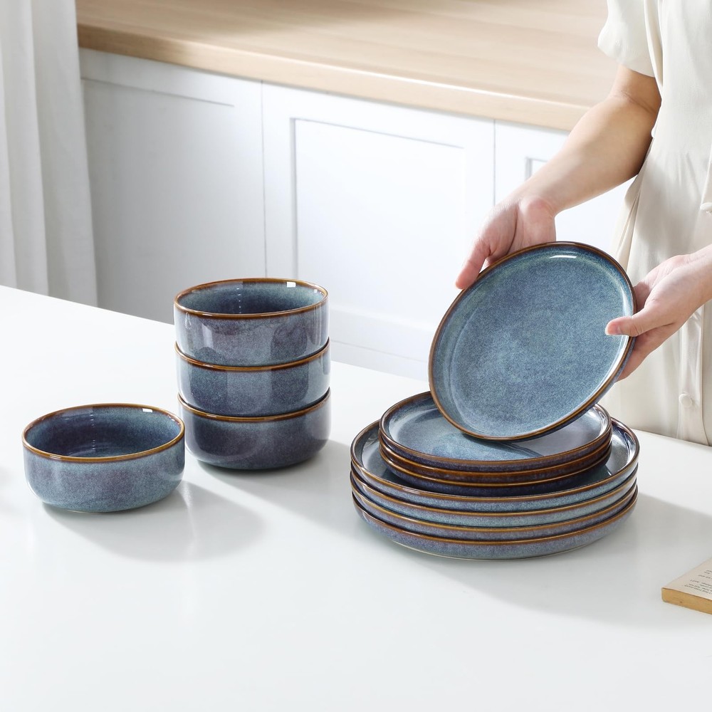 PLAYA Plates and Bowls Sets, 12 Pieces Grey-Blue Dinnerware Sets for Kitchen,...