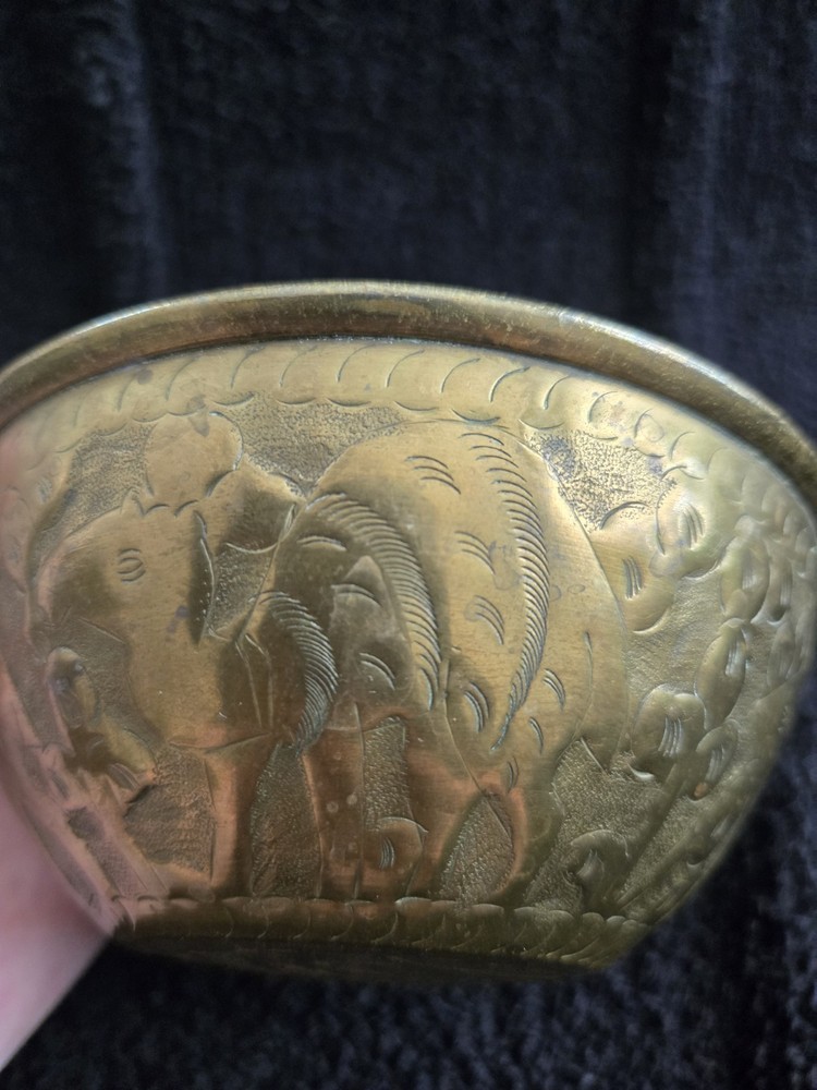 Vintage Middle Eastern Brass Bowls Pair, Engraved Arabic Script, 4.5" Alms