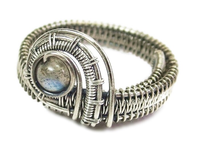 Labradorite Adjustable Ring, Woven in Sterling Silver Wire