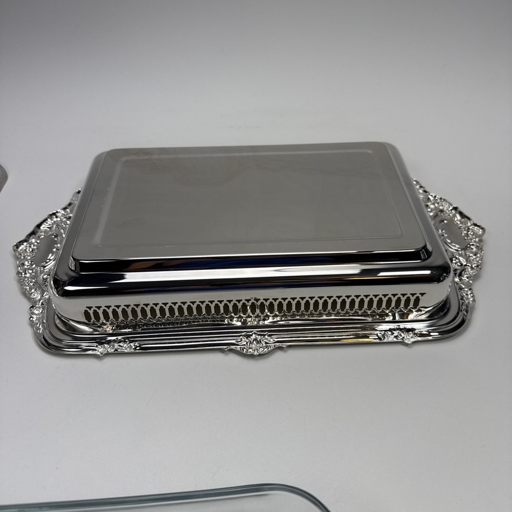 Silver Played Rectangular Chafing Serving Dish with Glass Dish & Lid 17" X 10"