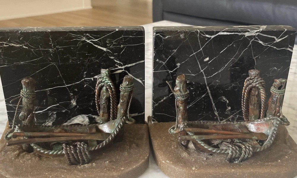 VINTAGE BOOKENDS MARBLE & BRONZE SCULPURE BOAT NAUTICAL , Brutalist