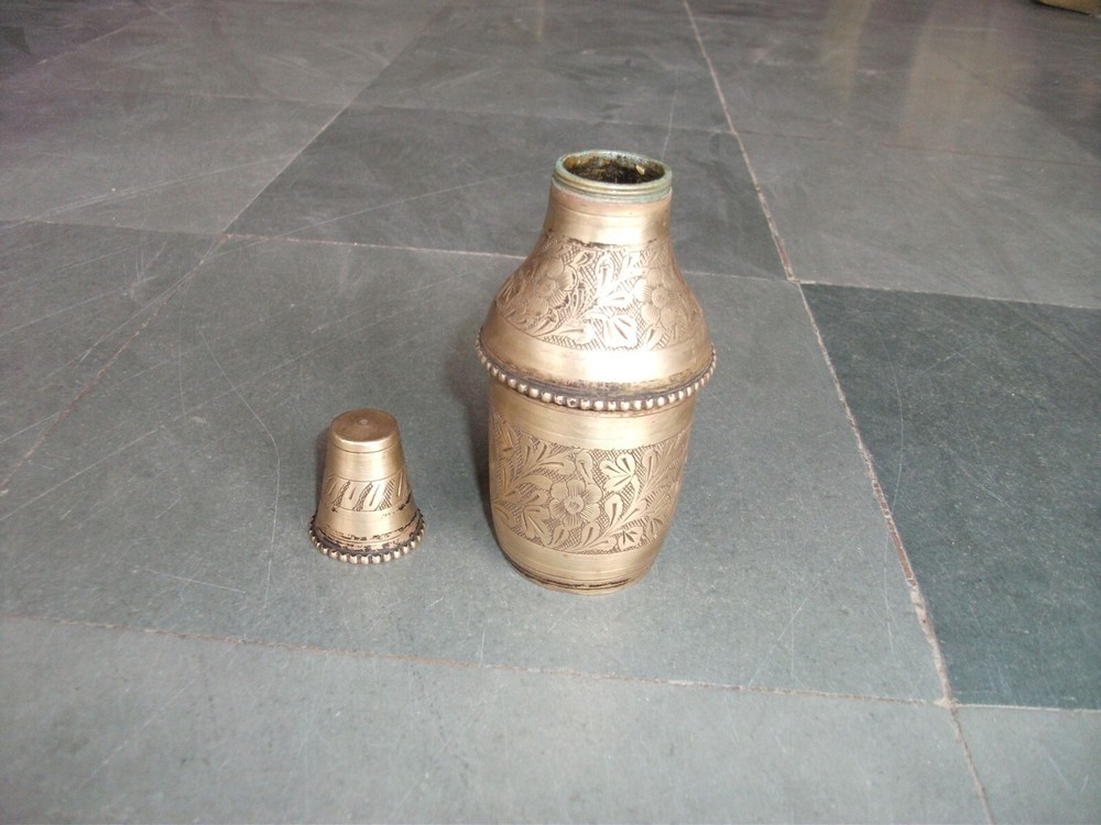 2 Pc Vintage Brass Inlay Engraved Solid Handcrafted Flower Vase & Bottle