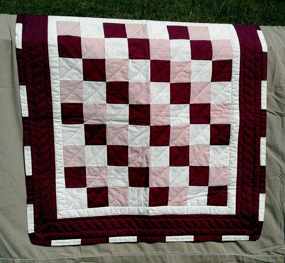 Vintage Patch Work Quilt Wall Hanging Burgundy Pink