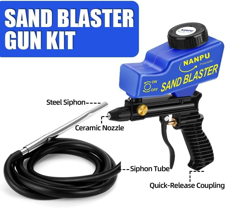 Light-Duty Air Sandblaster Gun Kit with Siphon & Gravity Feed, Ceramic Nozzle, M
