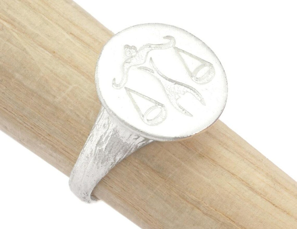 Libra Scales Horoscope Bark Textured Adjustable Ring Shiny silver plated 4870