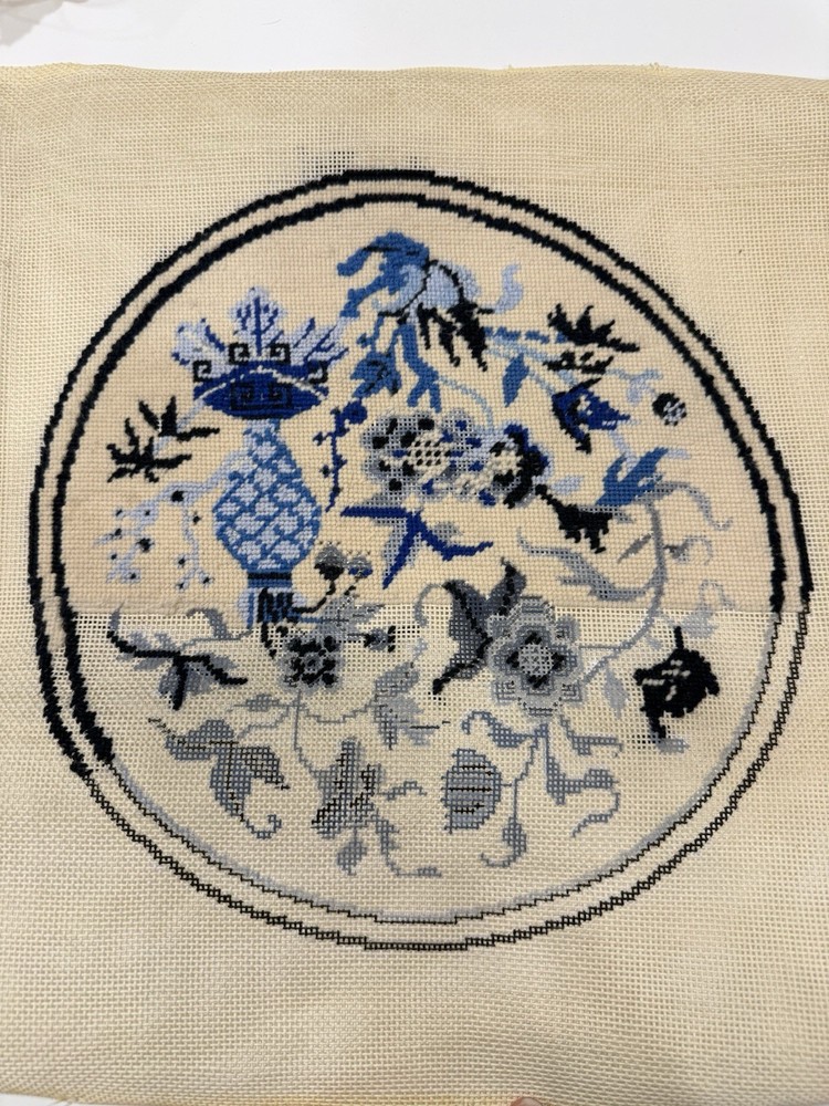 Vintage Needlepoint Tapestry Canvas  - Delft Blue Floral Design - started