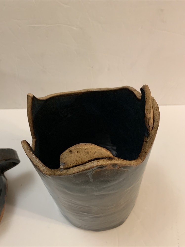 RARE Amanda Pottery Studio Stoneware Glazed Blue Cookie Jar Unique Shape Signed