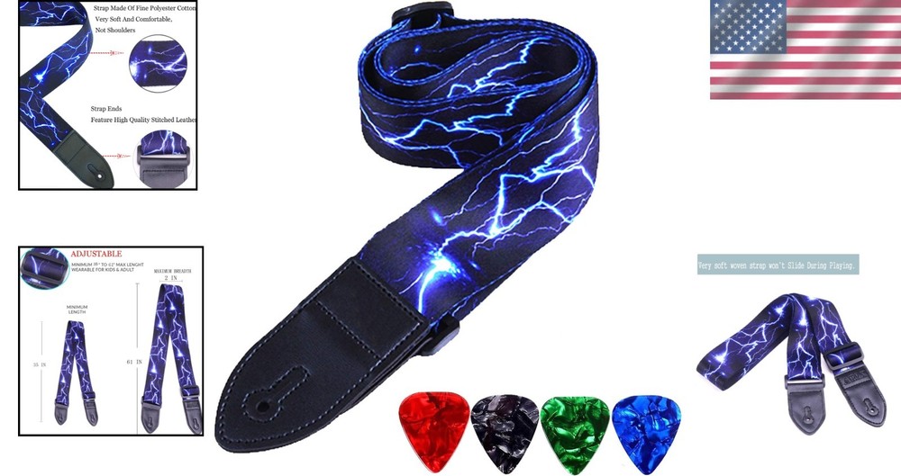 Blue Lightning Guitar Strap - Durable, Adjustable Length, Great for All Players