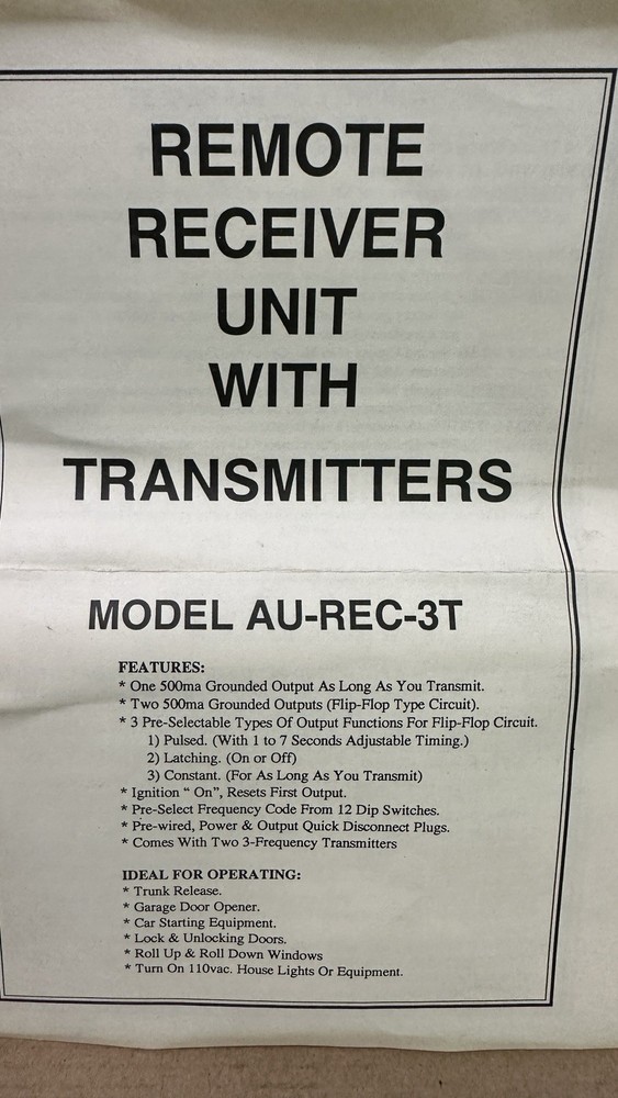 Excalibur Wireless Remote Transmitter Receiver Module Door Lock Trunk Pop