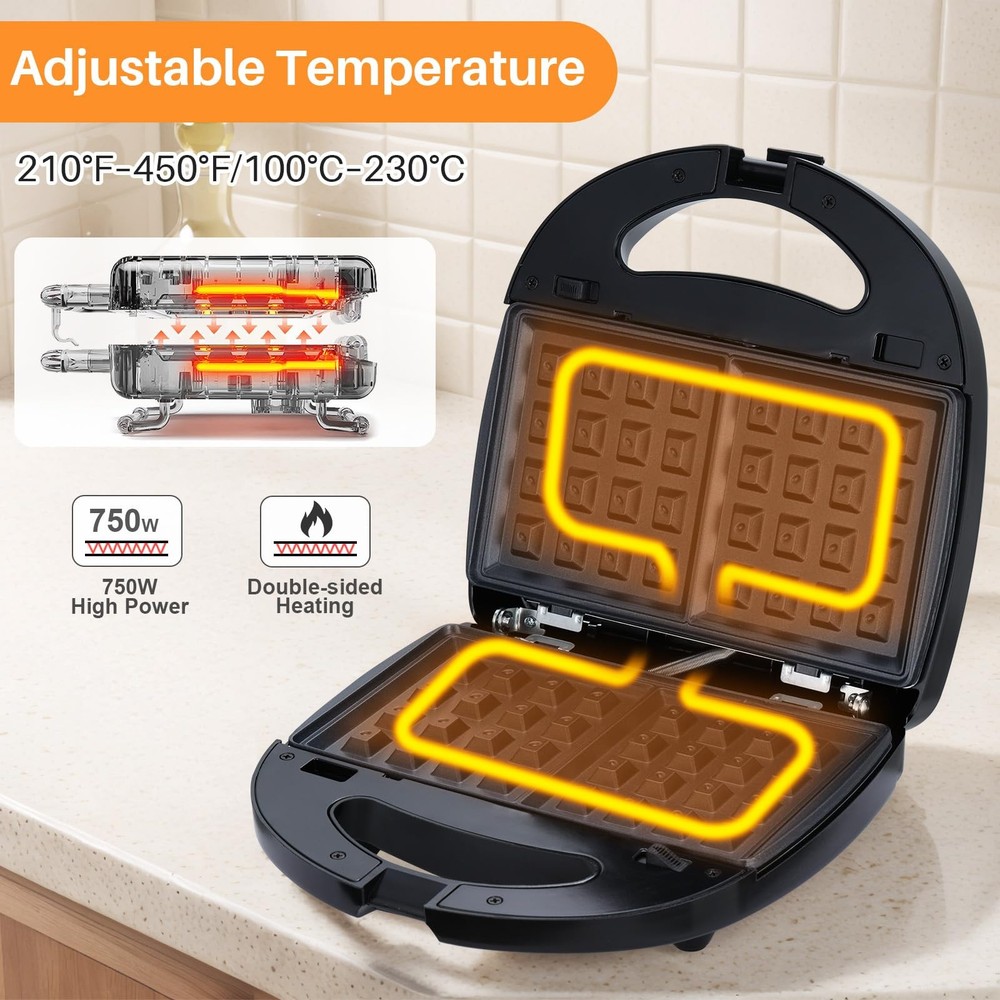 3-in-1 Waffle Maker with Removable Plates, Breakfast Sandwich Press Precise 2...