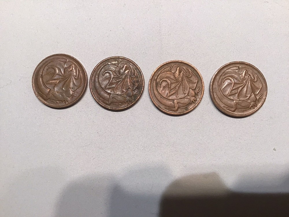4 Australia 2 Cent Coins 1966,1966,1976,1981. Frilled Lizard On Obverse