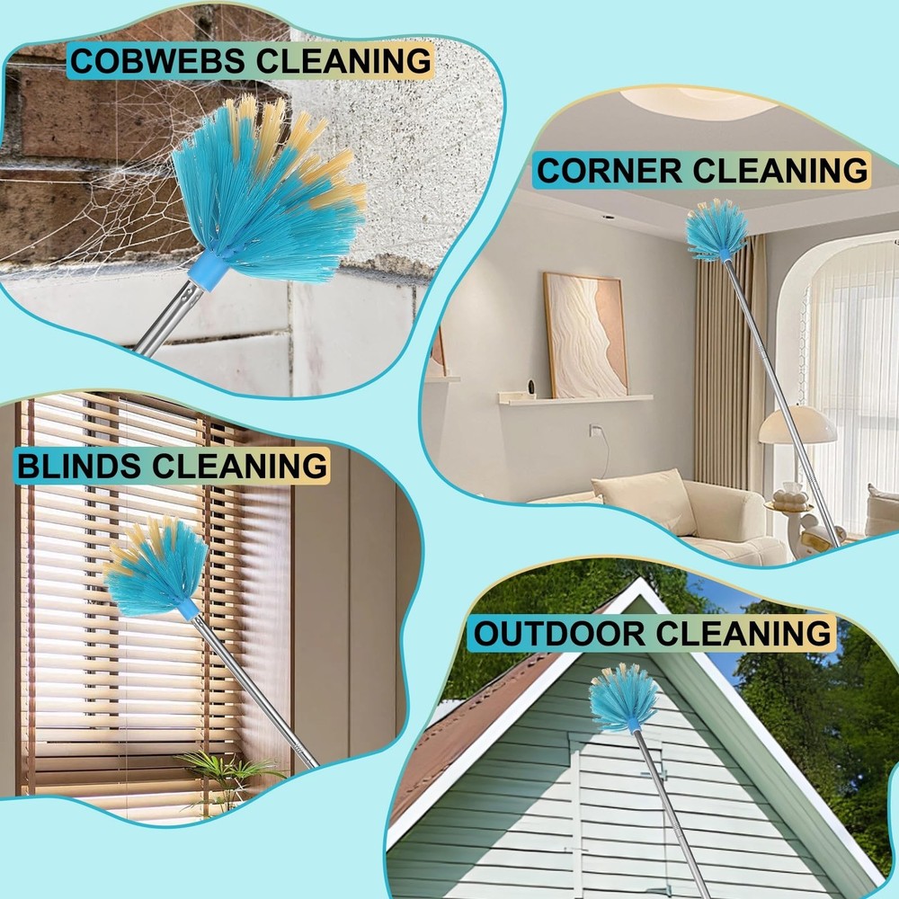 Cobweb Duster with Extension Pole，Medium Stiff Bristles Cobweb Duster Hea