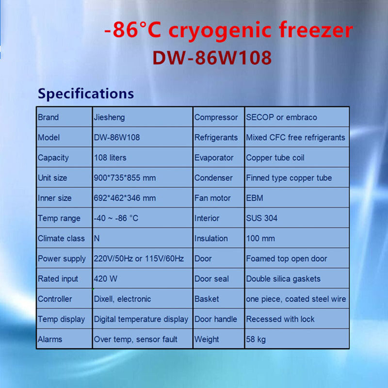 -86℃ Horizontal Ultra Low Temperature Deep Lab Freezer Samples Storage 3.8Cu ft