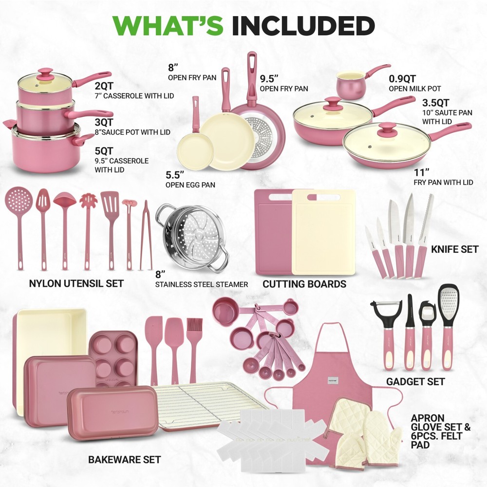 NutriChef 54-Pcs Home Kitchen Cookware High-Quality Ceramic (Blush Pink)