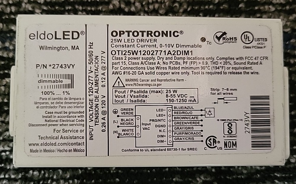 eldoLED 2743VY OPTOTRONIC 25W Constant Current 0-10V Dimmable LED Driver NEW