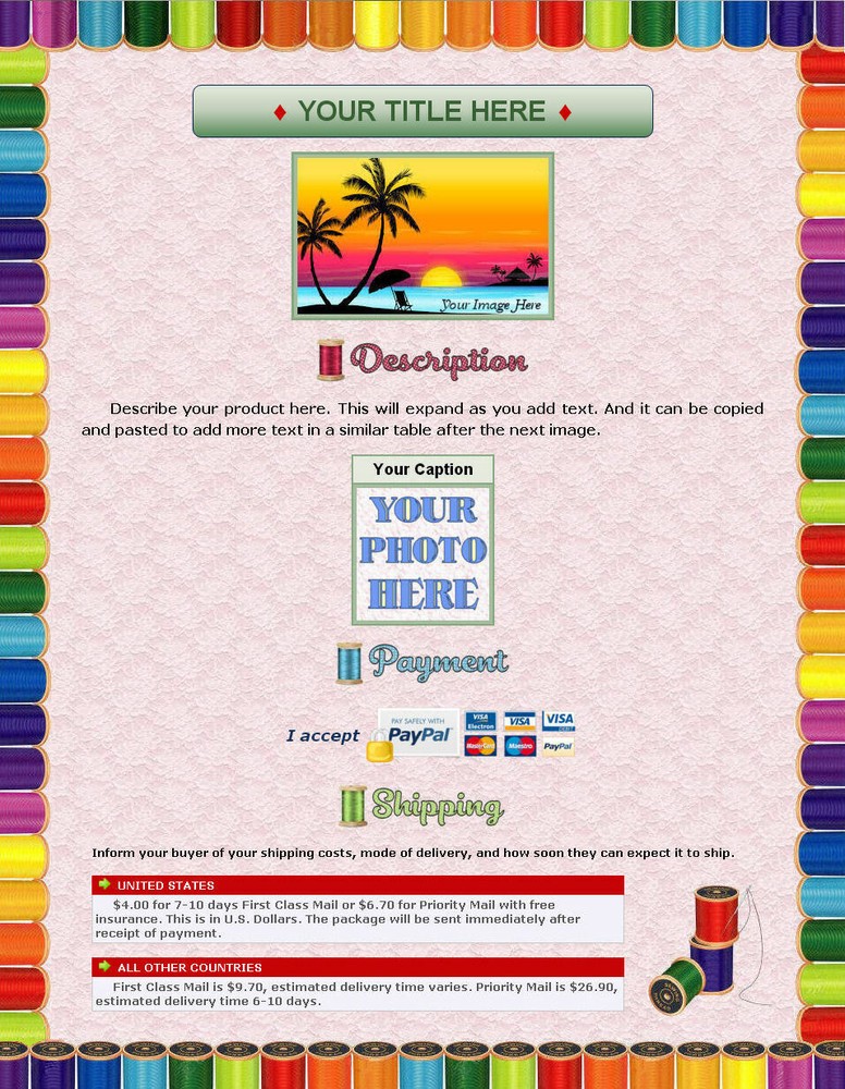AUCTION TEMPLATE Sewing Thread Spools Border Design - FREE Email Shipping
