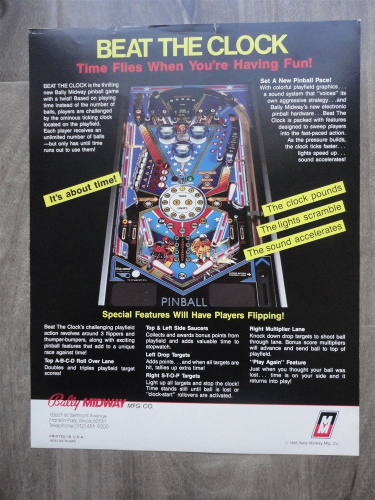 Beat the Clock Pinball Machine Flyer / Original Bally Brochure D