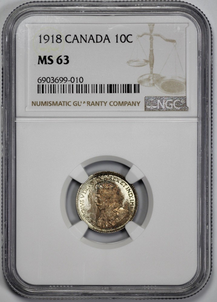 1918 Canada Silver 10 Cents NGC MS 63