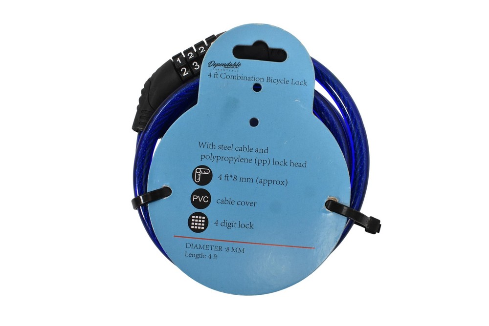 Dependable Essentials 4 Ft Combination Bike Cable Lock Medium Blue Portable