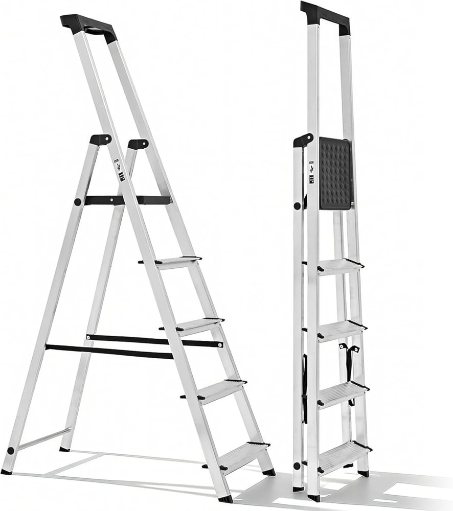 Sturdy 5-Step Ladder: 330 lbs Capacity, Foldable, Anti-Slip & Handrail - Silver