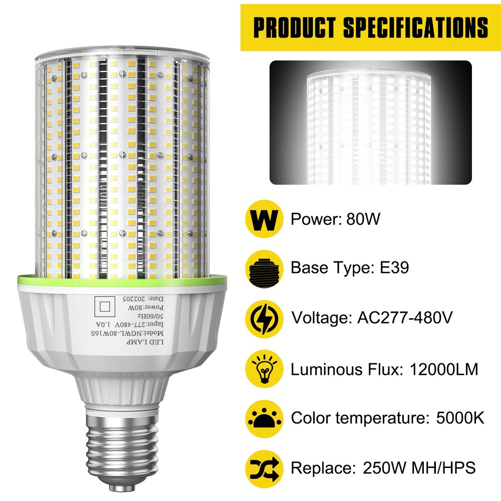 2X 480V 80W LED Corn Light E39 Base Commercial Warehouse High Bay Light 12000lm