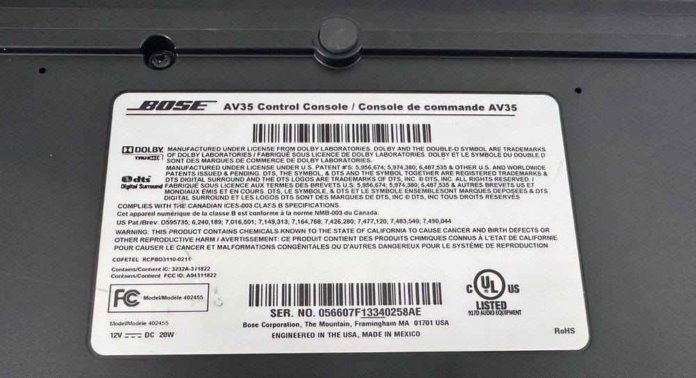 Bose AV35 Control Console 402455 With OEM Remote control and AC Power Adapter 1