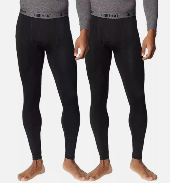 32 Degrees Men's Black Heat Pant 2-pack Base Layer Pant, Sz S
