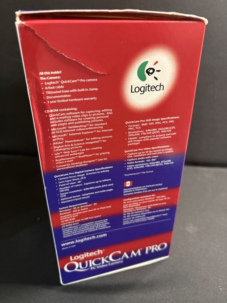 Vintage Logitech QuickCam Pro Webcam Parallel Port Complete In Box Windows 95 98