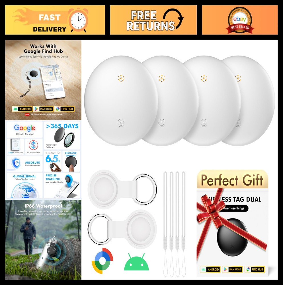 Bluetooth Tracker Tags - 4 Pack for Android & Samsung - Key, Wallet, Luggage Fin