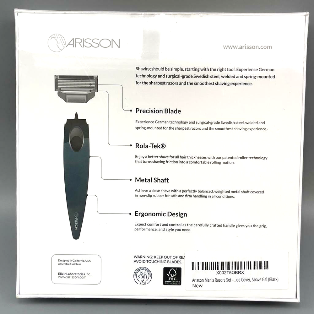 Arisson Men Razor Set – Razor Handle, 4 Blade Refills, Shave Gel (Black) 1PK