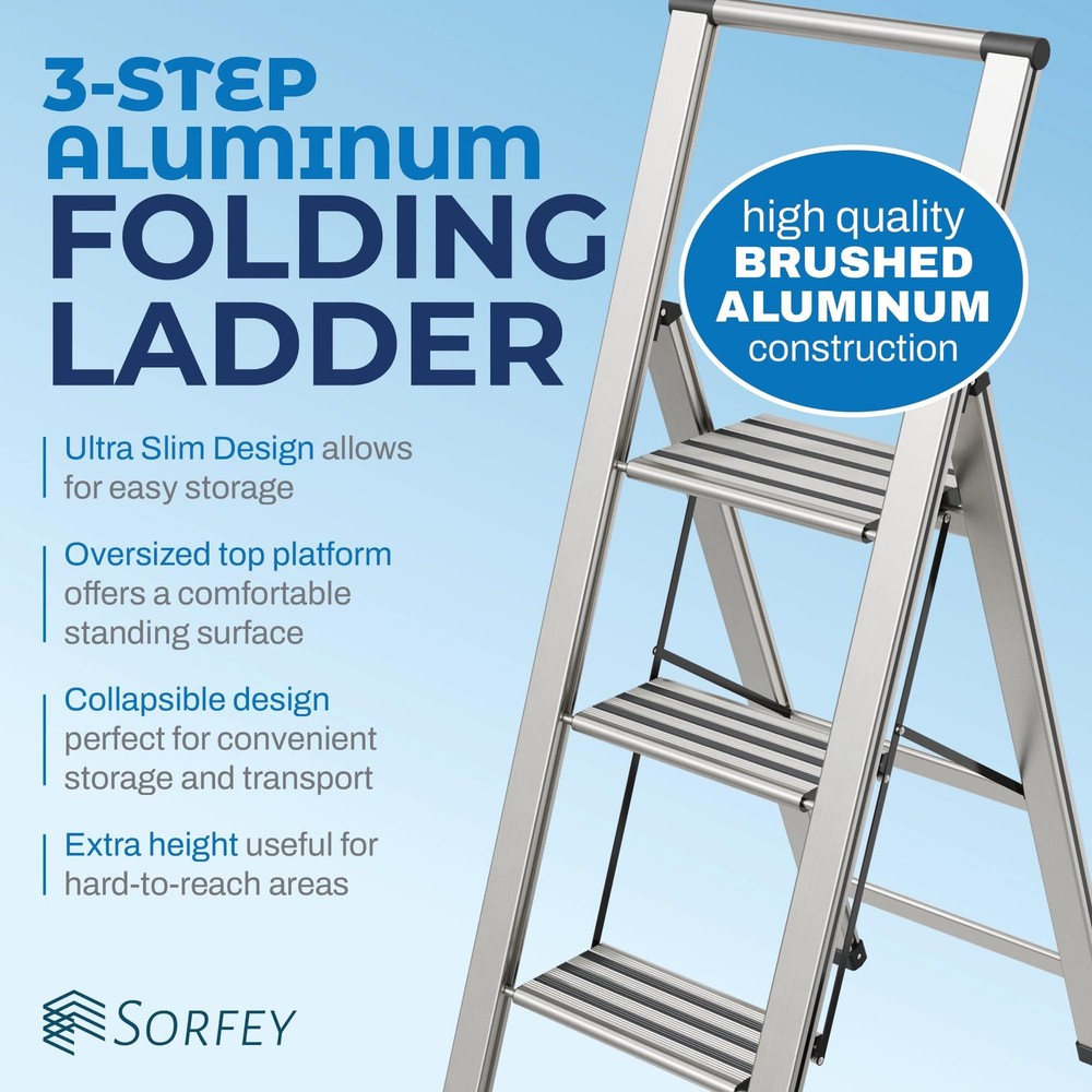 Step Ladder 3 Step Folding, Decorative - Modern Beautiful Aluminum, Lightweig...