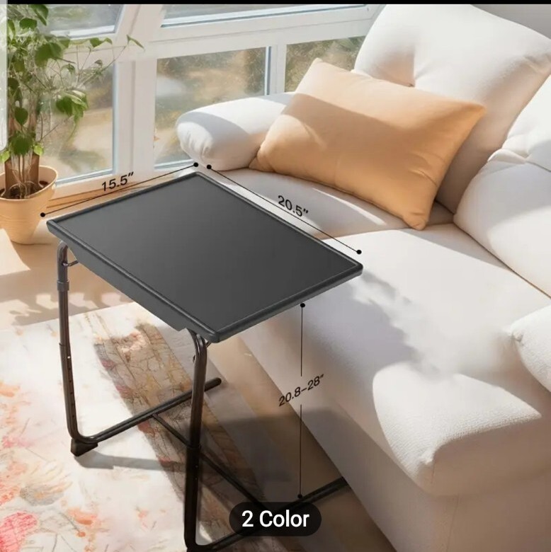 Portable & Foldable Comfortable Adjustable TV Tray Table Stand + Cup Holder Blac