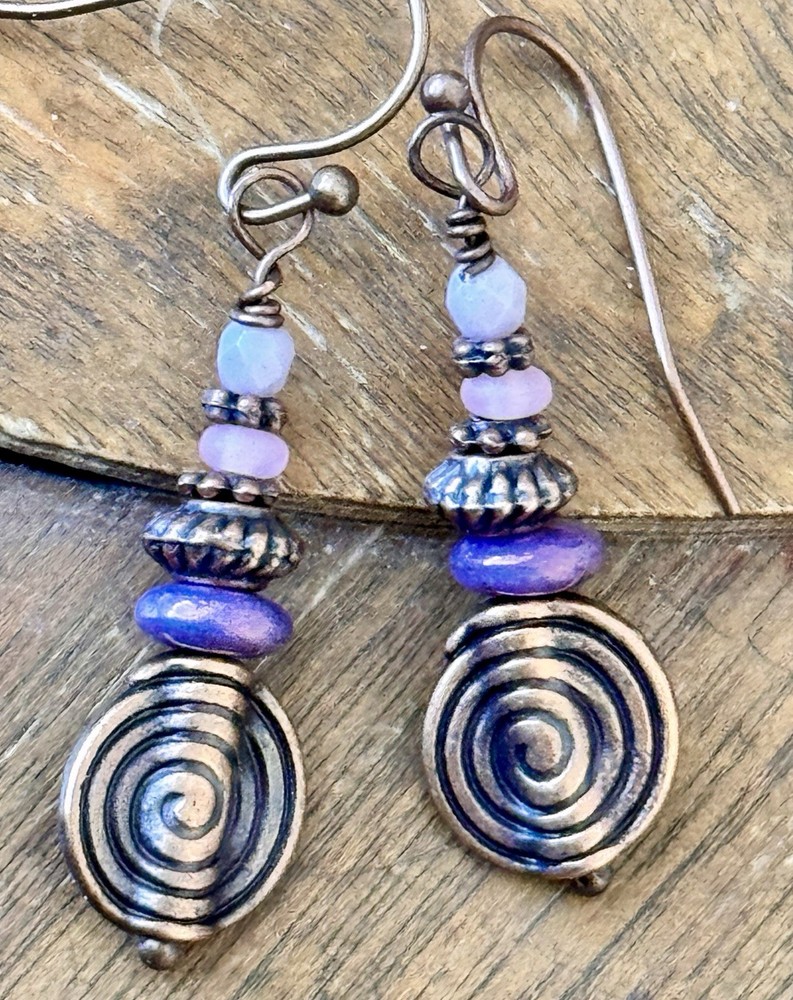 Copper and Lavender Dangle Earrings. Purple. Violet.