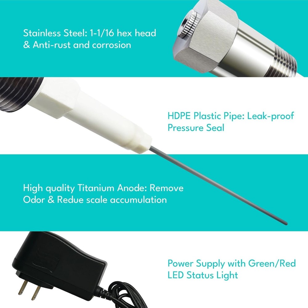 Powered Anode Rod for Hot Water Heater Tank with Teflon Tape