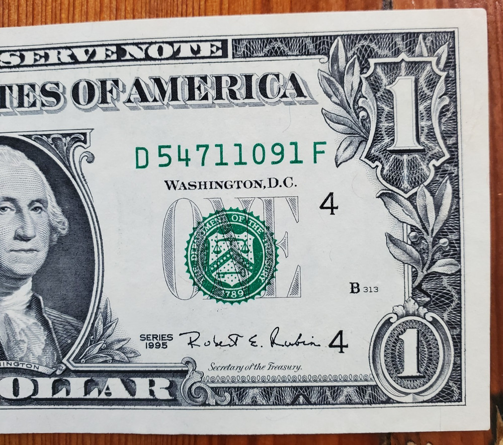 US FEDERAL RESERVE NOTE 1995 $1 OFFSET ERROR NOTE