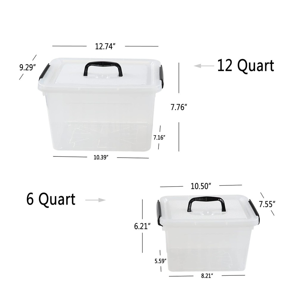 Plastic Latching Storage Box 2 Pack 12 Quart and 6 Quart Clear Lidded Bins