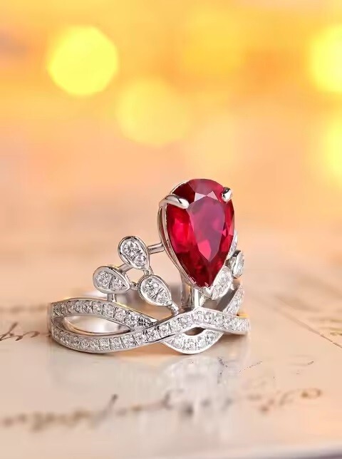 Lab Created Pear Cut Ruby & Diamond 14K White Gold Plated Women Engagement Ring