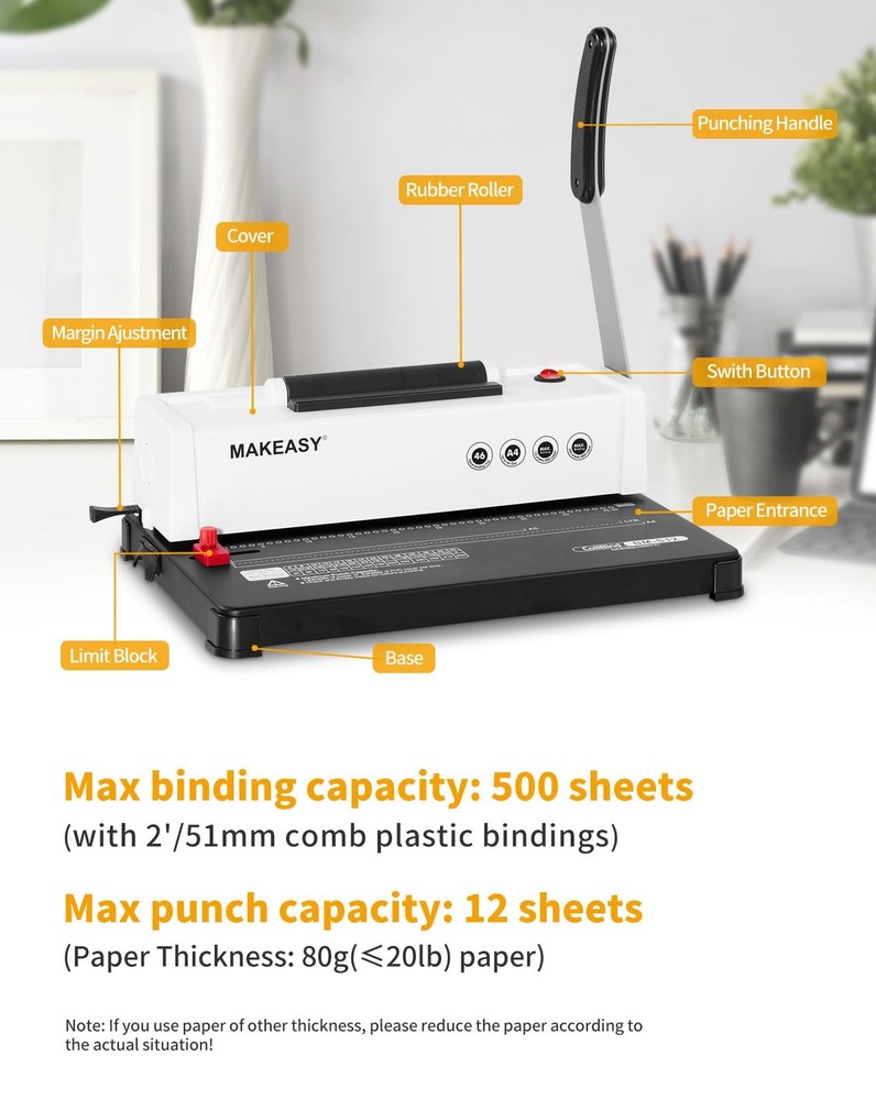 MAKEASY Spiral Binding Machine, 12 Sheets Punch Capacity, Electric Coil Inser...