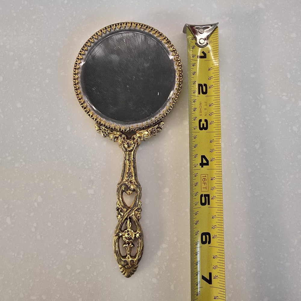 Antique Miniature Stylebuilt Hand Mirror - 7" Brass