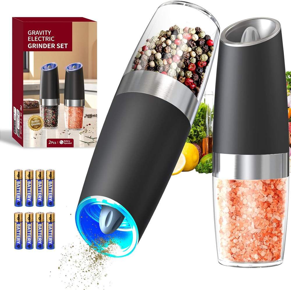 Gravity Electric Salt & Pepper Grinder Set, LED Light, Adjustable Coarseness USA