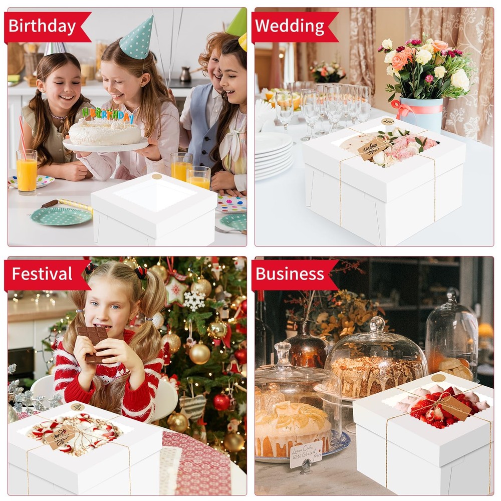 16 Pcs Cake Boxes, 12x12x8 Inch White Bakery Boxes with Window, Large Square ...