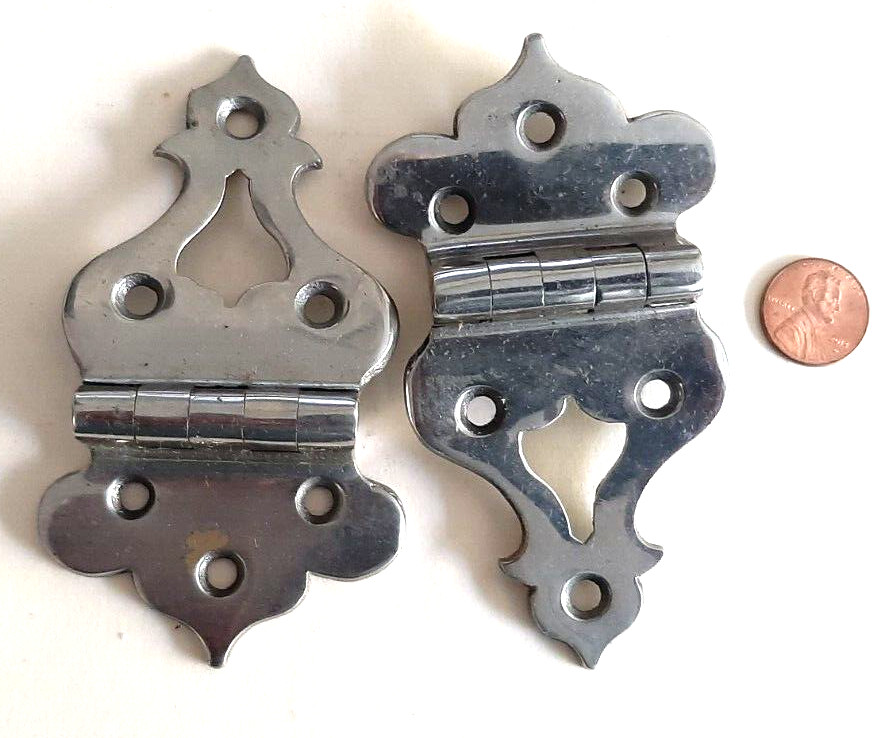 Antique Solid Brass  Pair Trunk Hinges. Chrome Plate.