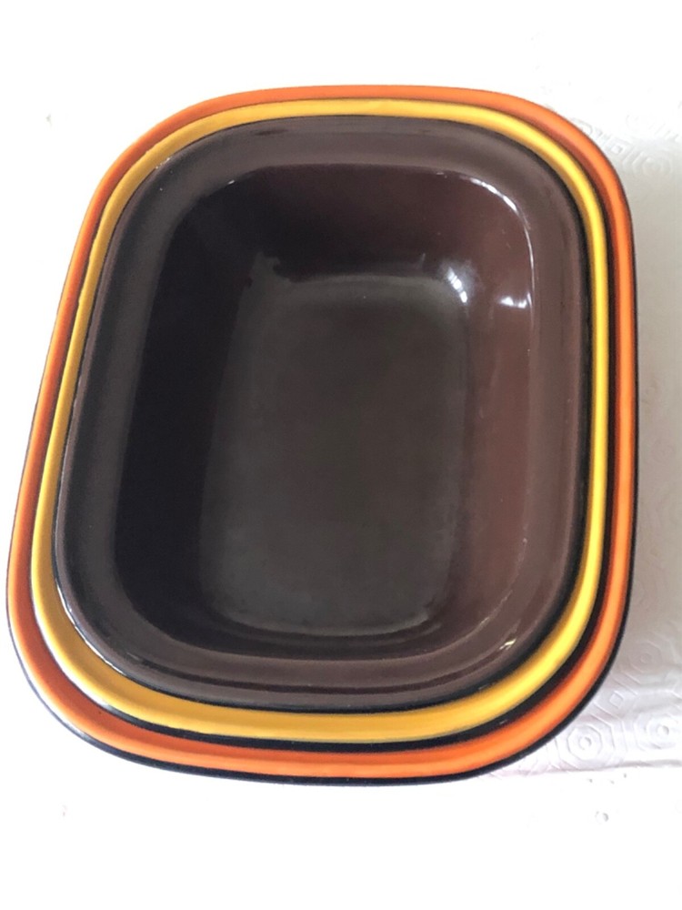 Vintage Set of 3 Rectangular Enamel, Nesting Bowl, Dish, Orange, Brown, Yellow