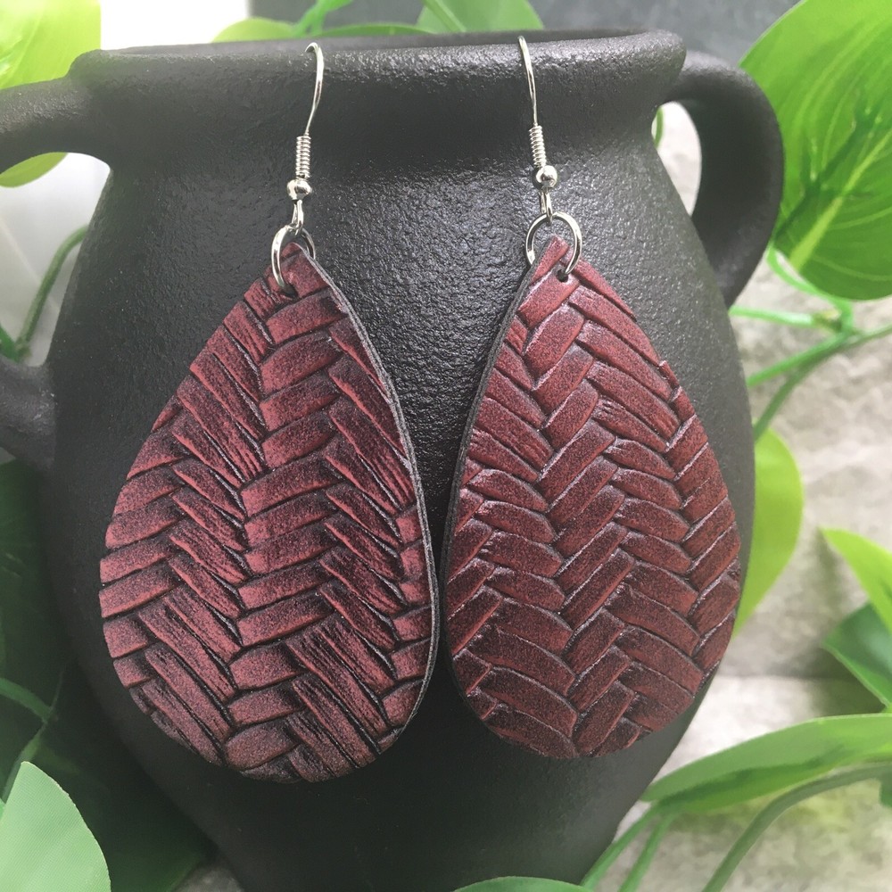 3” Silver-tone Embossed Leather Earring Set Drop Dangle New Free Ship A918
